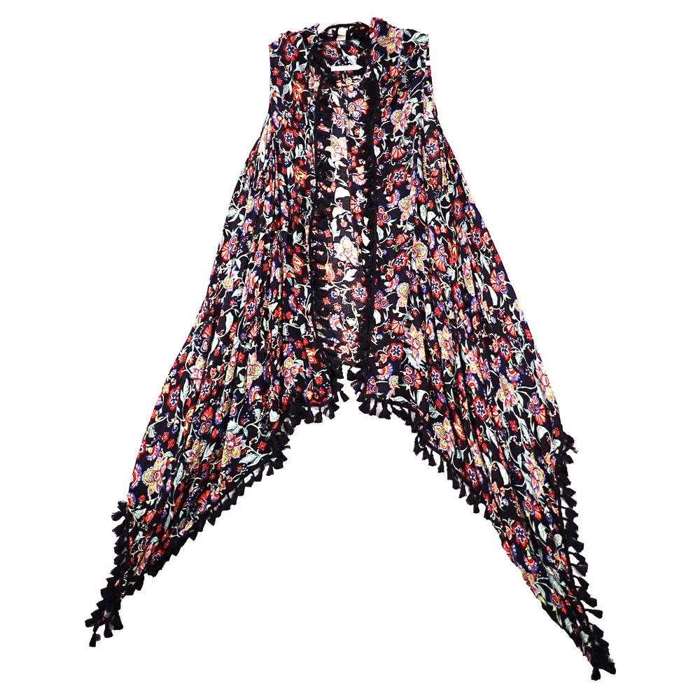 Cato 22/24W Open Front Waterfall Black Floral Tassels Plus Size Cardigan Vest
